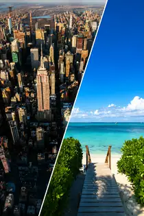 Manhattan skyline and Turks and Caicos beach